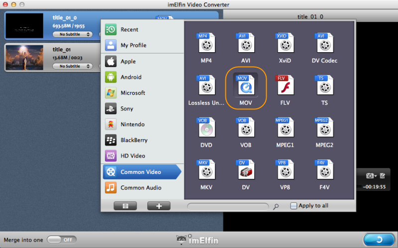 set output format as mov