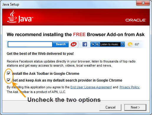 uncheck ask toolbar on Java installation window