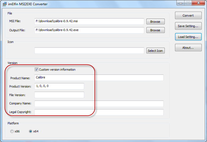 Add version info on inElfin free MSI2EXE Converter