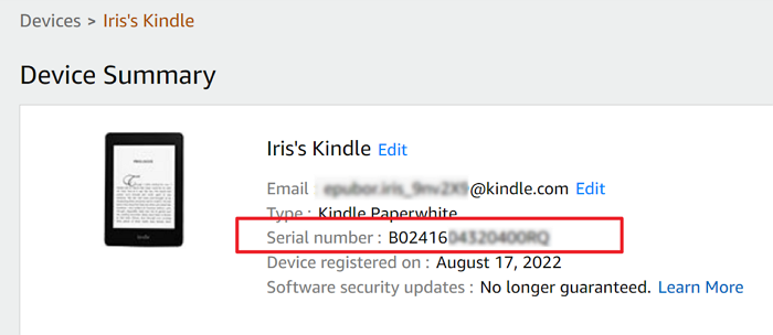 find kindle serial number